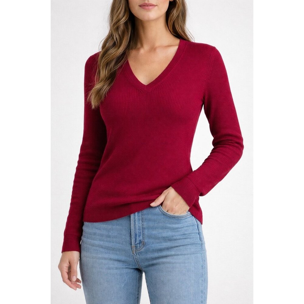 Eddie Bauer Womens Red Ribbed V Neck Cotton Sweater Long Sleeve Size L